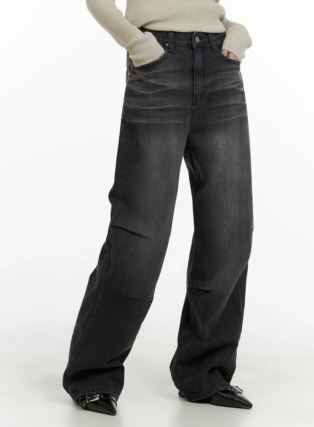 Pintuck Washed Wide Leg Jeans