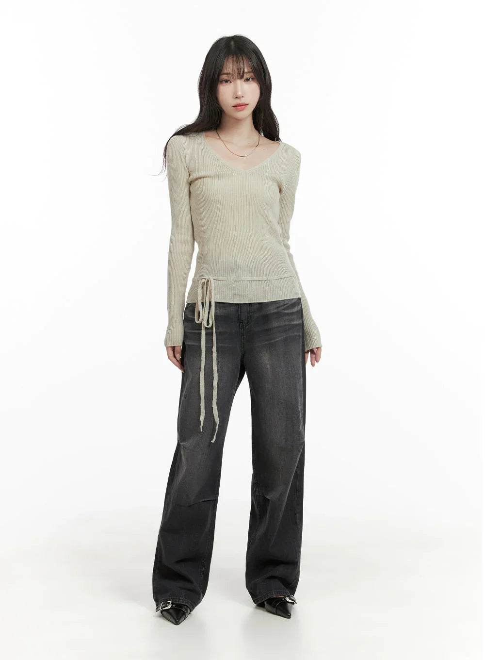 Pintuck Washed Wide Leg Jeans