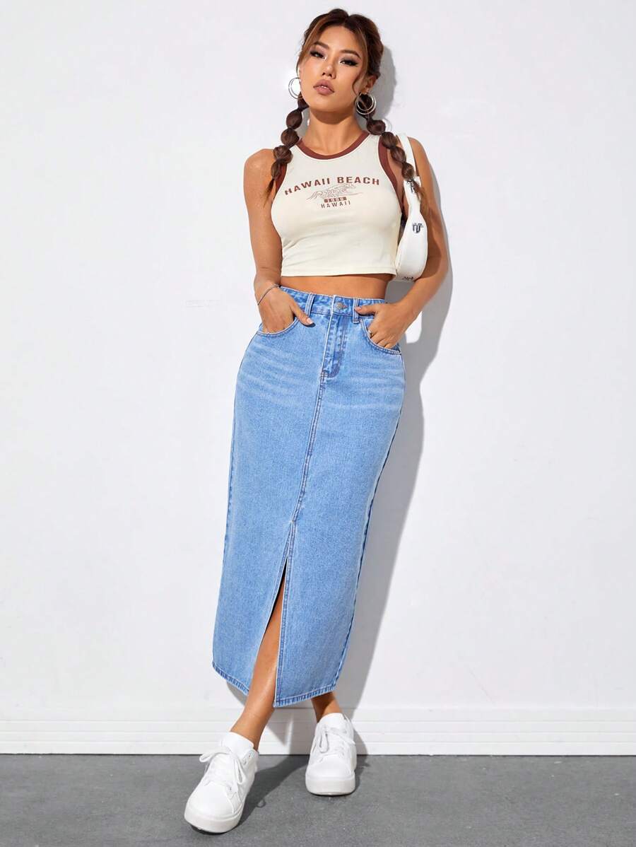 High-Rise Denim Skirt with Thigh Slit