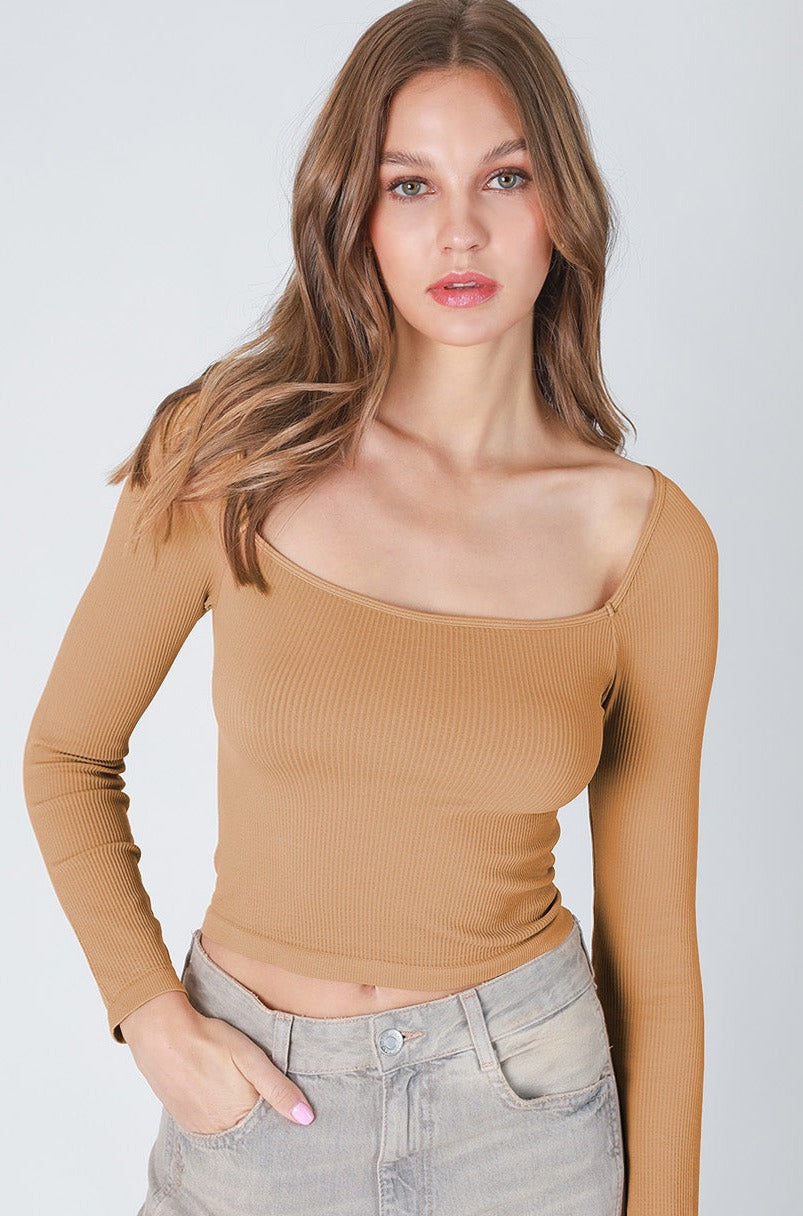 Ribbed Square Neck Long Sleeve Top