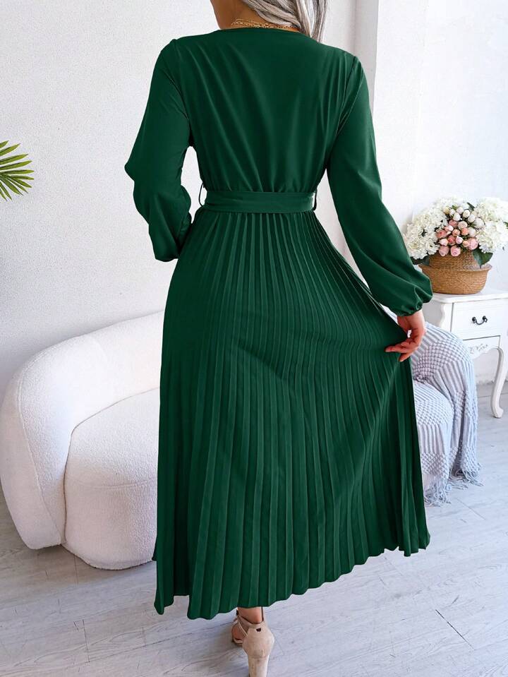 Lantern Sleeve Pleated Hem Belted Dress