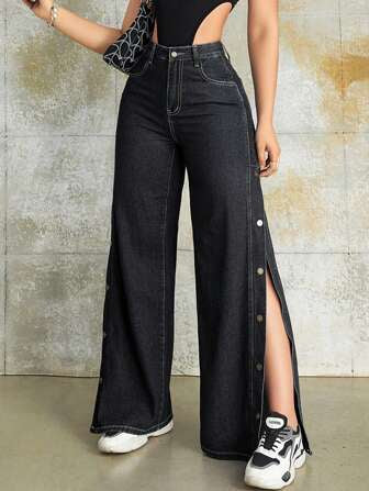 High Waist Button Side Split Thigh Wide Leg Jeans