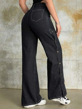 High Waist Button Side Split Thigh Wide Leg Jeans