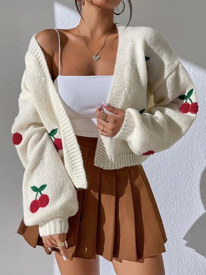 Qutie Cherry Embroidery Lantern Sleeve Cardigan