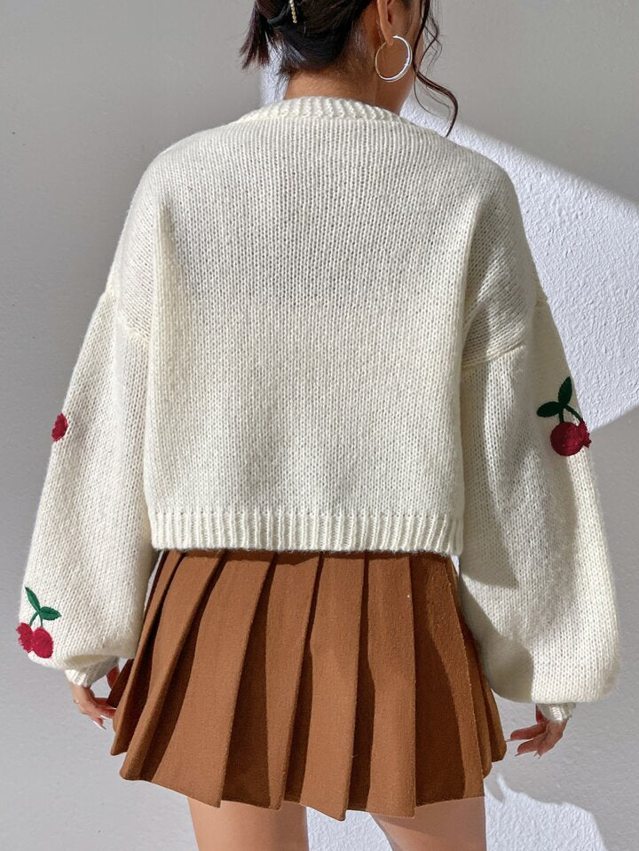 Qutie Cherry Embroidery Lantern Sleeve Cardigan