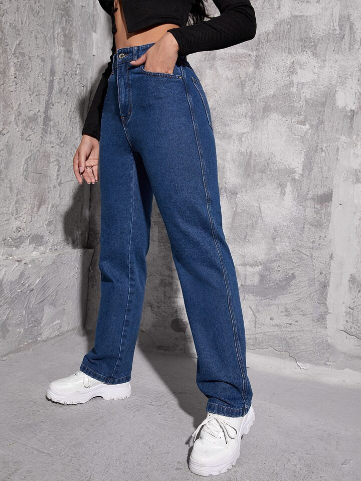 Stitch Detail High-Waisted Straight Leg Jeans