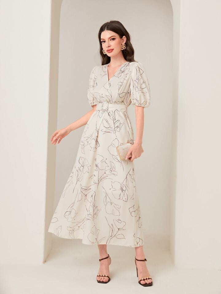 Modely Floral Print Puff Sleeve Belted Dress