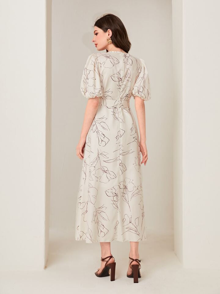 Modely Floral Print Puff Sleeve Belted Dress