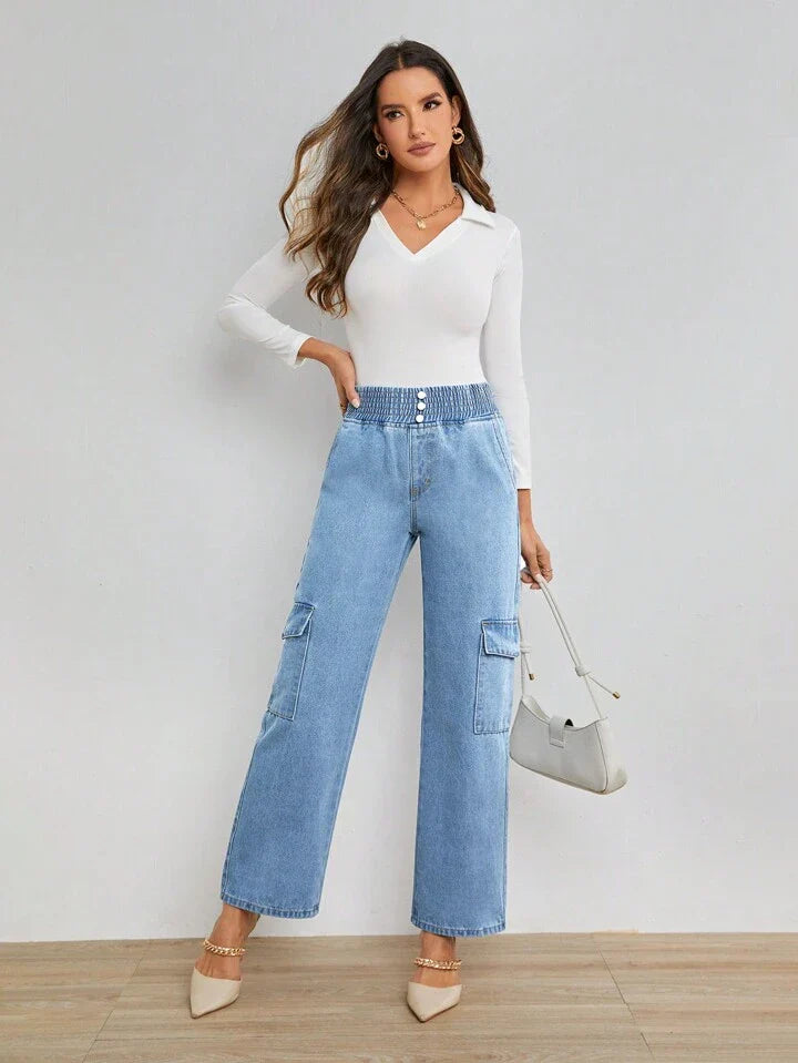 Shirred Waist Flap Pocket Side Cargo Jeans