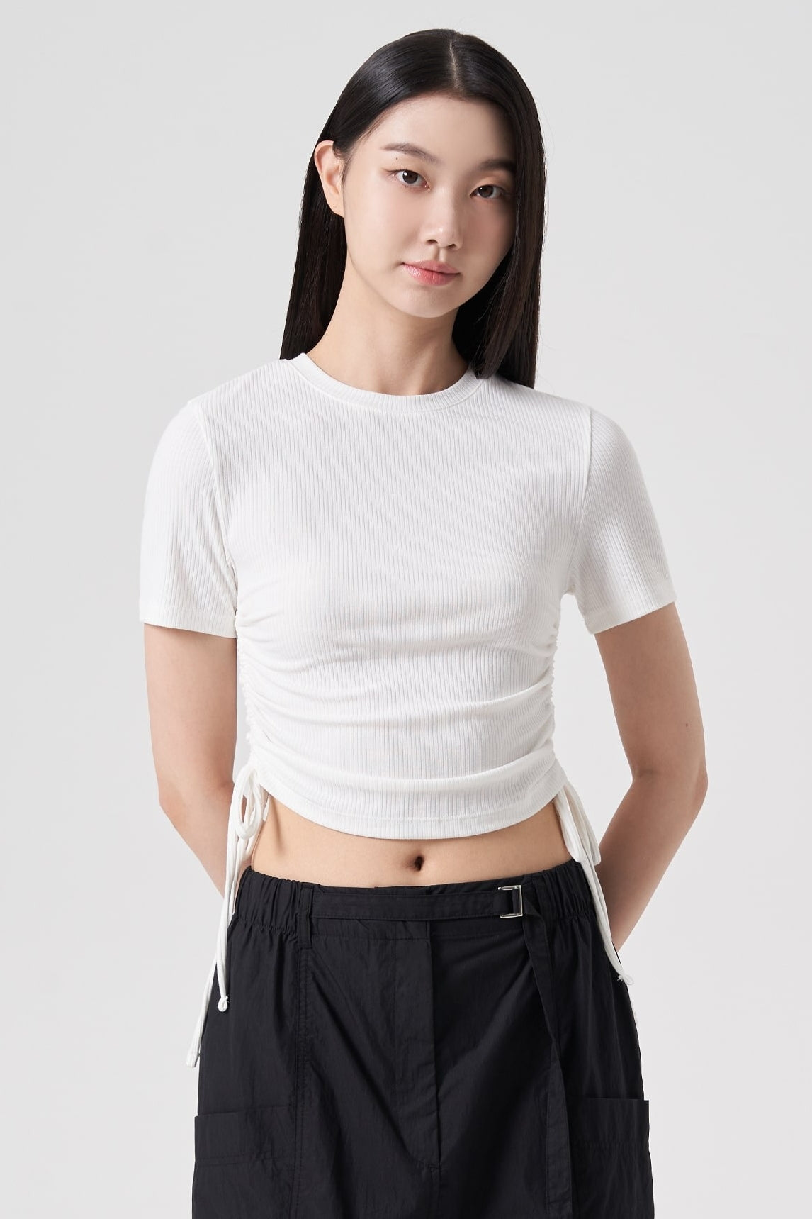 Ribbed Side String Half Sleeve Tee Shirt White